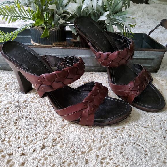 Nickels Women's 7.5 Braided Leather Slide Heel Sandal in Brown - Picture 1 of 7